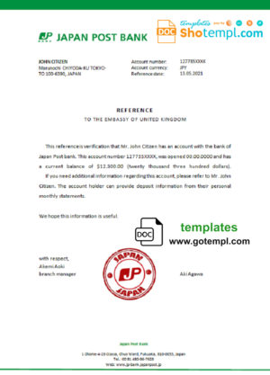 editable template, Japan Post bank account reference letter template in Word and PDF format