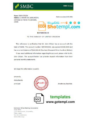 editable template, Japan SMBC bank account reference letter template in Word and PDF format