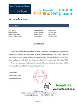 editable template, Jordan Bank of Jordan bank account reference letter template in Word and PDF format