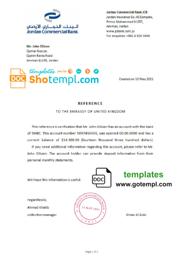 editable template, Jordan Commercial bank account reference letter template in Word and PDF format