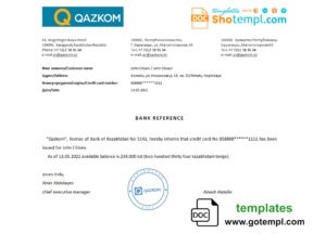 editable template, Kazakhstan Qazkom bank account reference letter template in Word and PDF format