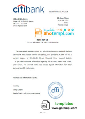 editable template, Kenya Citibank account reference letter template in Word and PDF format