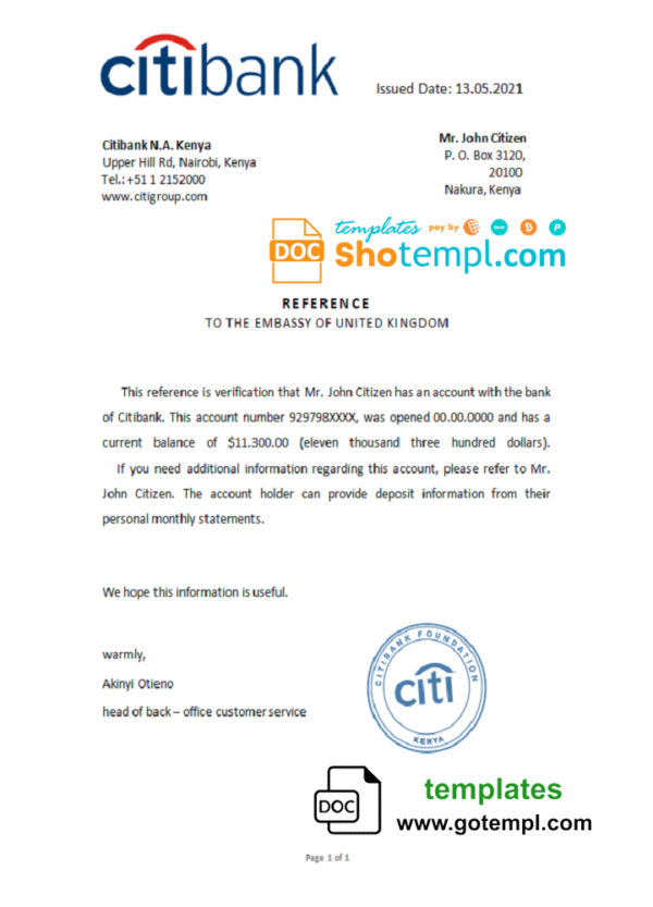 editable template, Kenya Citibank account reference letter template in Word and PDF format