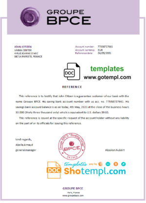 editable template, France Groupe BPCE bank account reference letter template in Word and PDF format