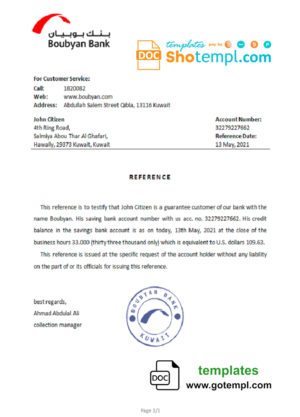 editable template, Kuwait Boubyan bank account reference letter template in Word and PDF format