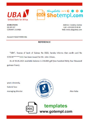 editable template, Guinea UBA bank account reference letter template in Word and PDF format