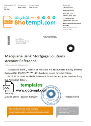 editable template, Australia Macquarie bank reference letter template in Word and PDF format