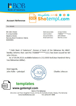 editable template, The Bahamas Bank of The Bahamas reference bank reference letter template in Word and PDF format