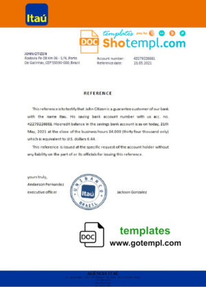 editable template, Brazil Itau bank account reference letter template in Word and PDF format