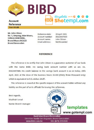 editable template, Brunei Islam Darussalam bank account reference letter template in Word and PDF format