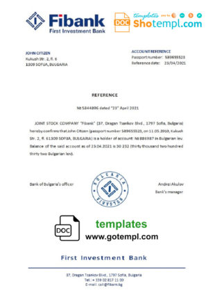 editable template, Bulgaria First Investment bank reference letter template in Word and PDF format