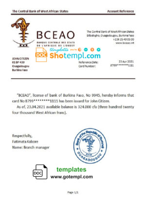 editable template, Burkina Faso The Central Bank of West African States bank reference letter template in Word and PDF format