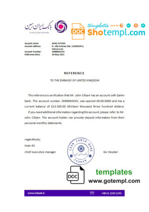 editable template, Iran Zamin bank reference letter template in Word and PDF format