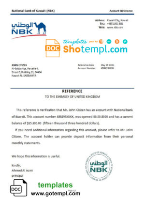 editable template, Kuwait National Bank of Kuwait bank account reference letter template in Word and PDF format