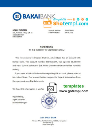 editable template, Kyrgyzstan OJSC Bakai Bank bank account reference letter template in Word and PDF format