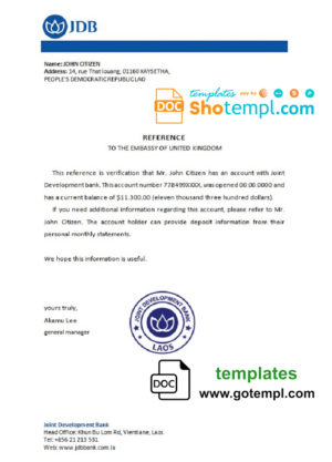 editable template, Laos Joint Development Bank bank reference letter template in Word and PDF format
