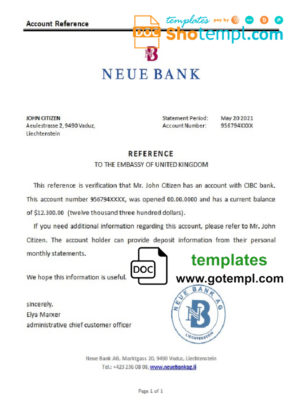editable template, Liechtenstein Neue Bank bank reference letter template in Word and PDF format