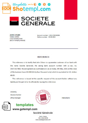editable template, France Société Générale bank account reference letter template in Word and PDF format