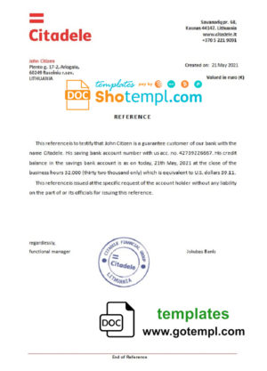editable template, Lithuania Citadele bank reference letter template in Word and PDF format