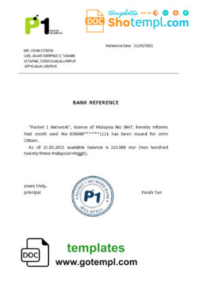 editable template, Malaysia Packet 1 Network bank reference letter template in Word and PDF format