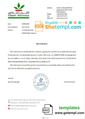 editable template, Morocco Credit Agricole bank reference letter template in Word and PDF format