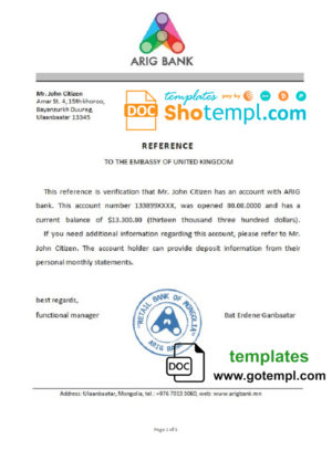 editable template, Mongolia Arig Bank bank reference letter template in Word and PDF format