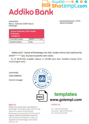editable template, Montenegro Addiko Bank bank reference letter template in Word and PDF format
