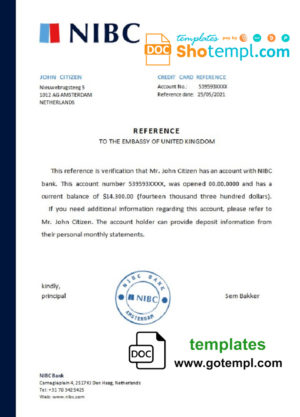 editable template, Netherlands NIBC Bank bank certificate template in Word and PDF format
