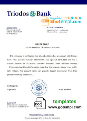 editable template, Netherlands Triodos Bank bank certificate template in Word and PDF format