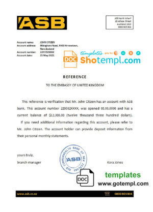 editable template, New Zealand ASB bank account reference letter template in Word and PDF format