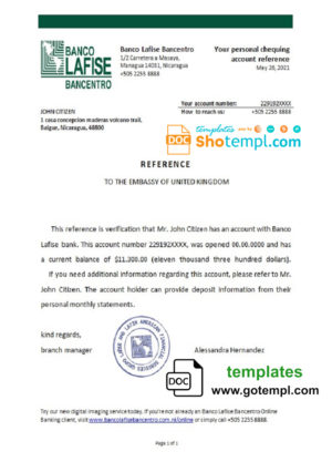 editable template, Nicaragua Banco Lafise Bancentro bank account reference letter template in Word and PDF format