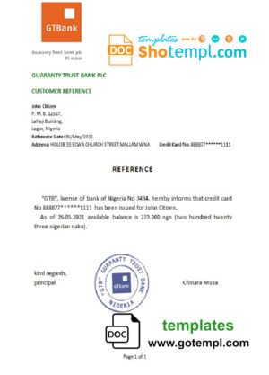editable template, Nigeria GTBank bank account reference letter template in Word and PDF format
