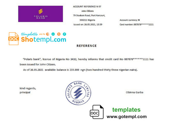editable template, Nigeria Polaris Bank bank account reference letter template in Word and PDF format