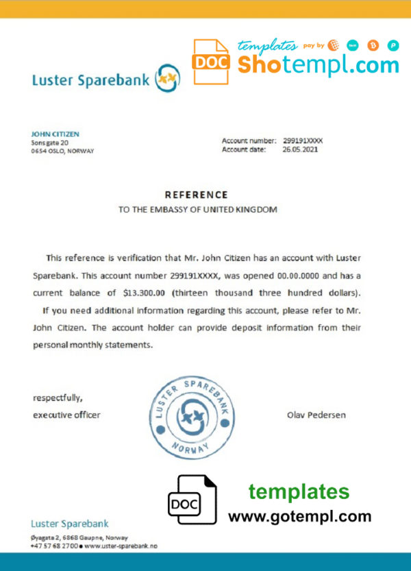 editable template, Norway Luster Sparebank bank account reference letter template in Word and PDF format