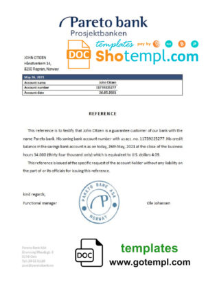 editable template, Norway Pareto Bank bank account reference letter template in Word and PDF format