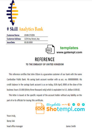editable template, # skill analytics bank template of bank reference letter, Word and PDF format (.doc and .pdf)