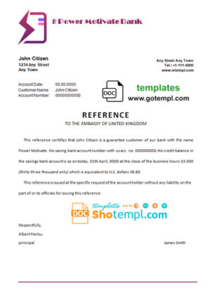 editable template, # power motivate bank template of bank reference letter, Word and PDF format (.doc and .pdf)