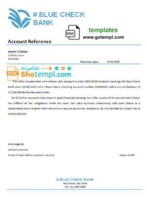 editable template, # blue check bank template of bank reference letter, Word and PDF format (.doc and .pdf)