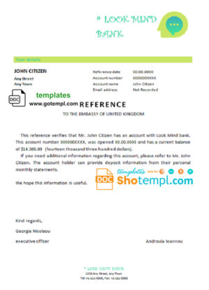 editable template, # look mind bank template of bank reference letter, Word and PDF format (.doc and .pdf)