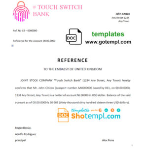 editable template, # touch switch bank template of bank reference letter, Word and PDF format (.doc and .pdf)