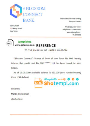 editable template, # blossom connect bank template of bank reference letter, Word and PDF format (.doc and .pdf)