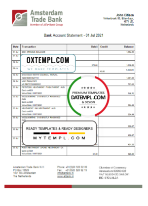 editable template, Netherlands Amsterdam Trade Bank statement template in Word and PDF format
