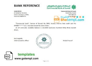 editable template, Kuwait Commercial Bank of Kuwait bank account reference letter template in Word and PDF format