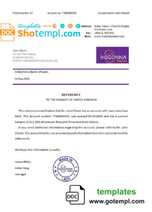 editable template, Laos Indochina Bank bank reference letter template in Word and PDF format