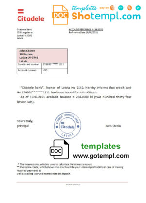 editable template, Latvia Citadele bank reference letter template in Word and PDF format