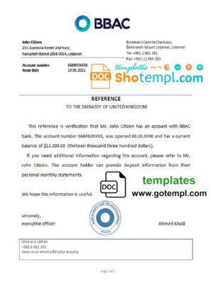 editable template, Lebanon Bank of Beirut and the Arab Countries bank account reference letter template in Word and PDF format