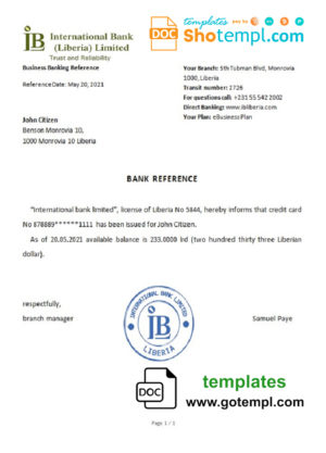 editable template, Liberia International Bank Limited bank reference letter template in Word and PDF format