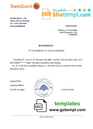 editable template, Lithuania Swedbank bank reference letter template in Word and PDF format