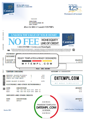 editable template, USA Indiana Centier bank statement template in Word and PDF format