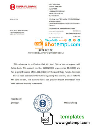 editable template, Malaysia Public Bank bank reference letter template in Word and PDF format